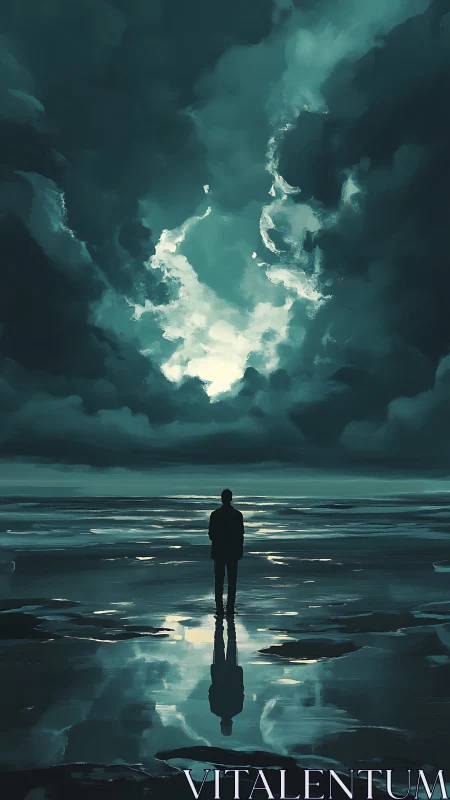 Solitary figure studies turbulent teal sky over reflective shore