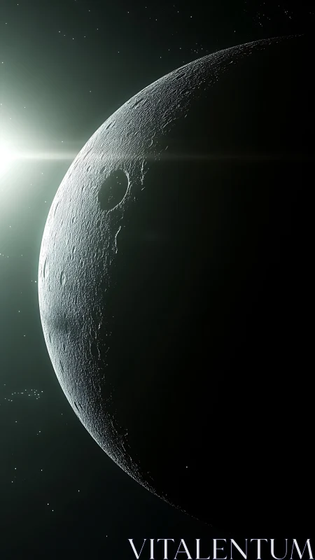 Crescent cratered moon surface intersects bright stellar light