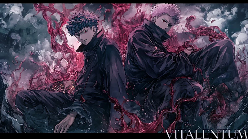 Two brooding anime fighters with red energy swirling around.