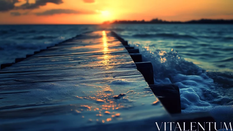 Sunlit boardwalk guiding gentle waves into the sunset.