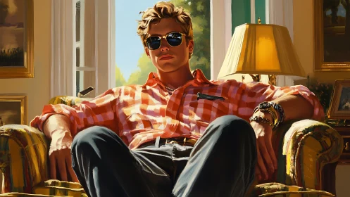 Sunlit lounge portrait of relaxed man in plaid shirt.