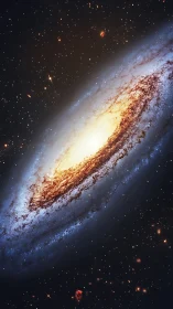 Edge-on spiral galaxy glows with dense golden core.