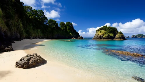 Tropical Cove with Turquoise Waters and Verdant Cliffs.