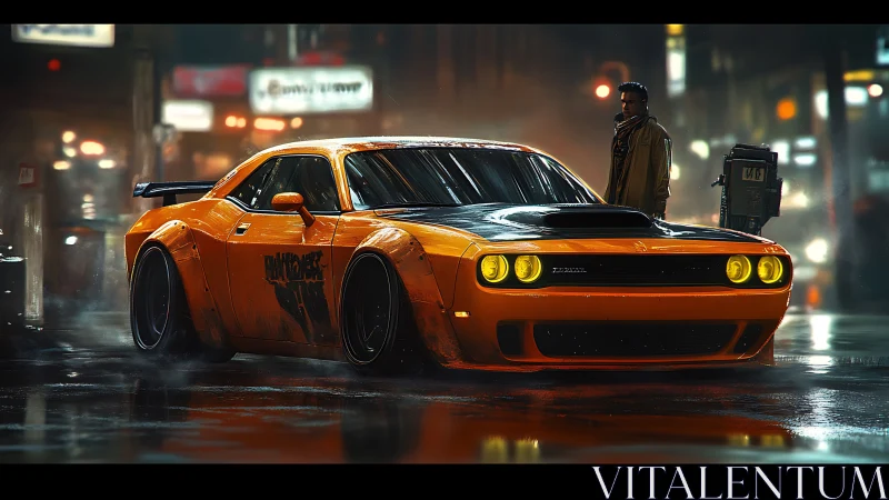 Orange modified coupe is parked on wet urban street at night