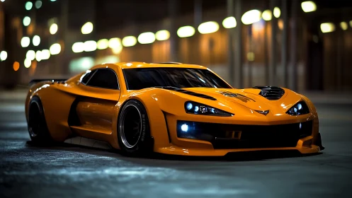 Low-angle night shot of orange custom sports car on street.
