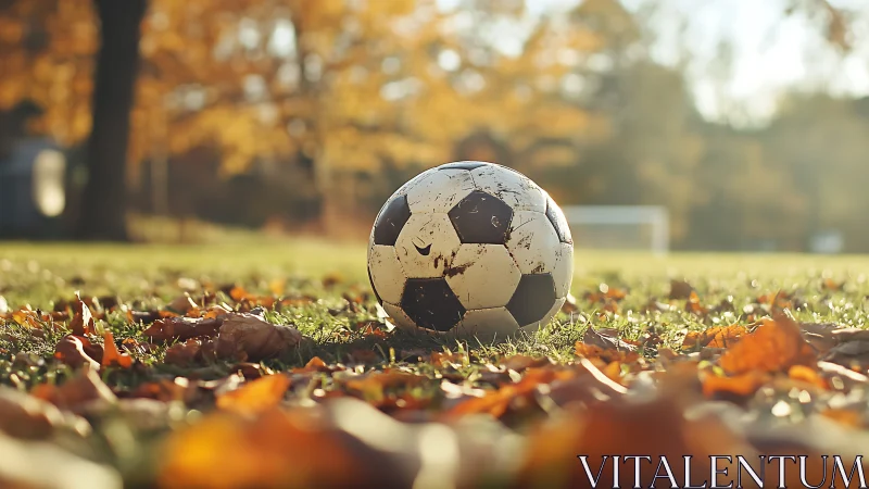 Weathered soccer ball on grass field in autumn sunlight.