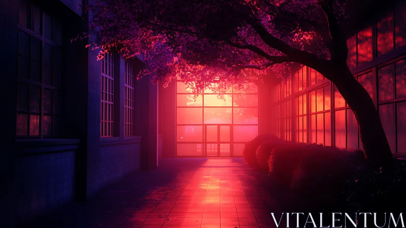 Crimson corridor blooms beneath neon dusk and glass reflections.