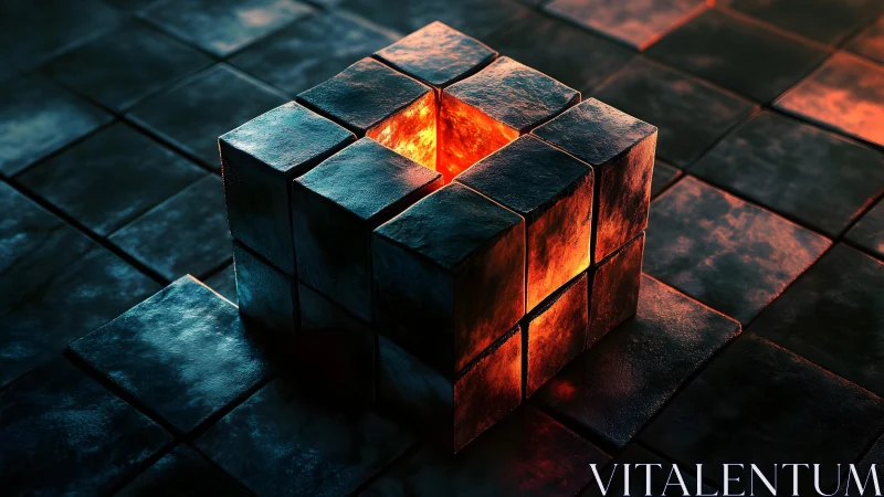 Glowing molten cube core set in dark metallic floor tiles.