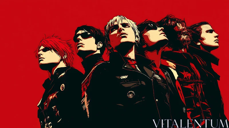 Stylized portrait of six people in black coats on red field.