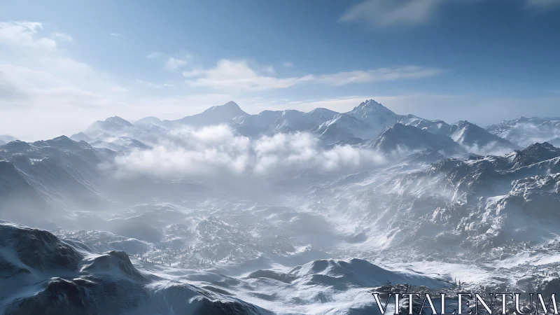 Snow-covered alpine range under crisp atmospheric haze.