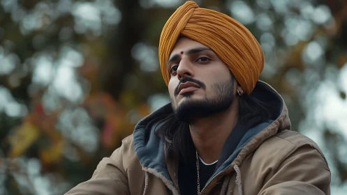 Young man in orange turban outdoors with calm expression.
