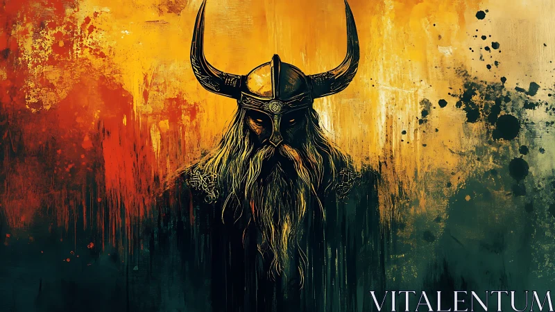 Viking warlord emerges from blazing abstract chaos of battle