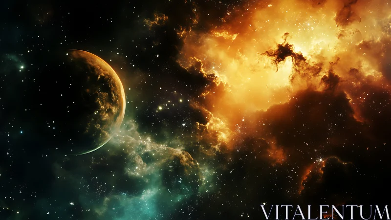 Lone planet drifts beside a blazing golden cosmic nebula