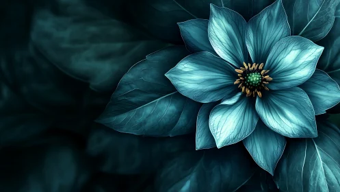 Teal flower with gold center rendered against dark foliage background