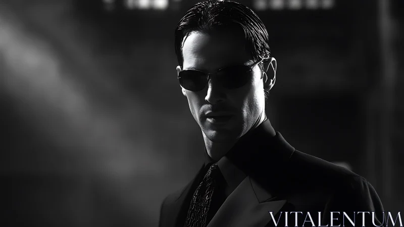 Stylish man in dark suit under dramatic noir lighting.