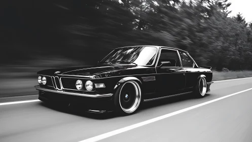 Classic black coupe driving on empty forest highway at speed.