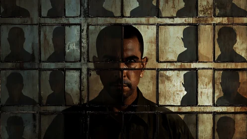 Man behind grid of shadowed portraits and metal frames.