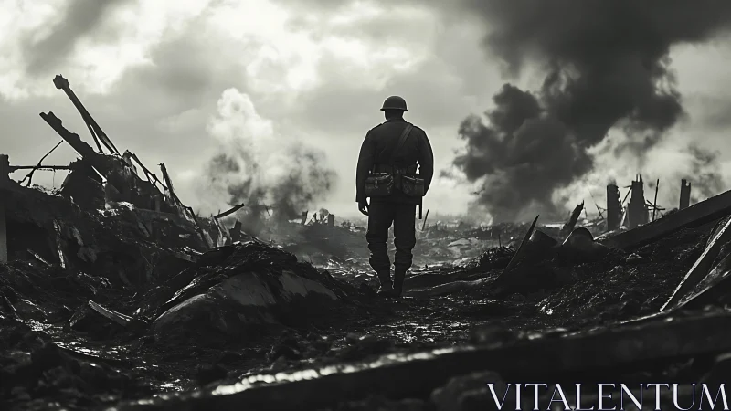 Lone soldier surveys ruined battlefield under smoke-choked sky.