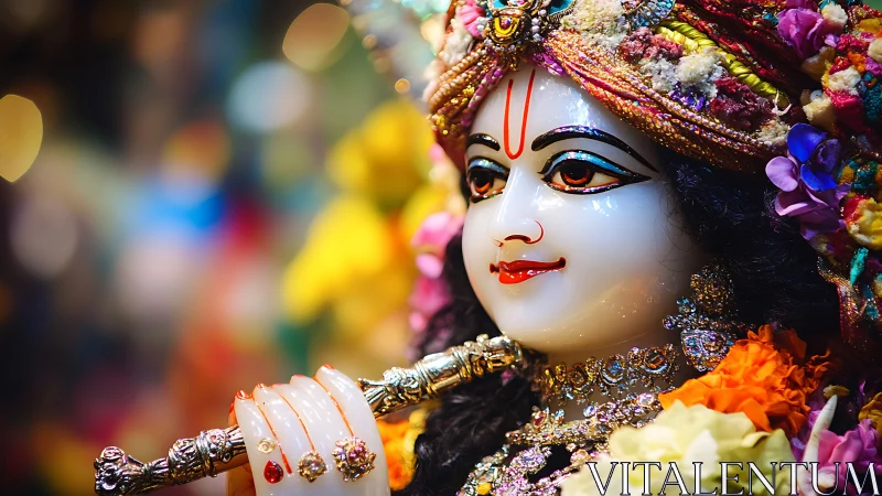 Decorative Hindu deity statue with flute and floral adornments.