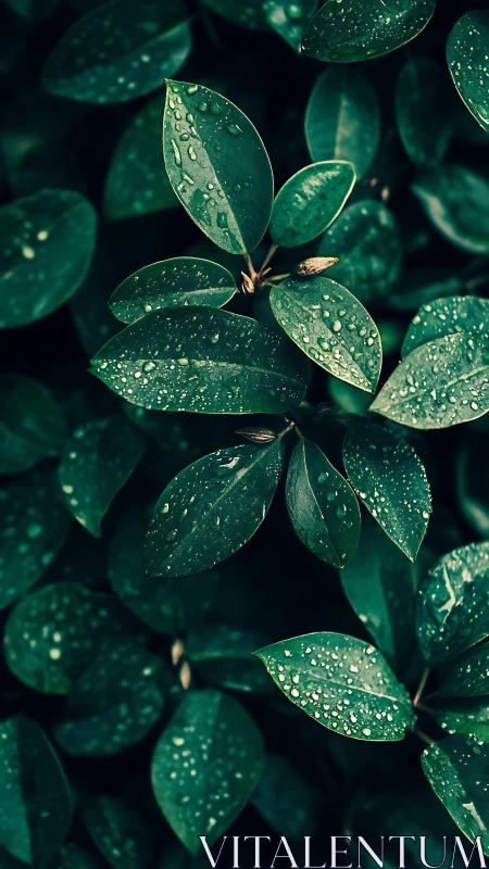 Close view of dark green leaves with surface raindrops.