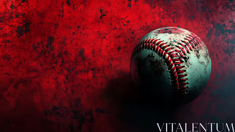 Weathered baseball under hard side lighting against distressed red