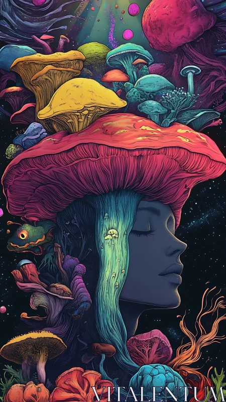 Psychedelic mycelium portrait merges human profile with luminous fungi