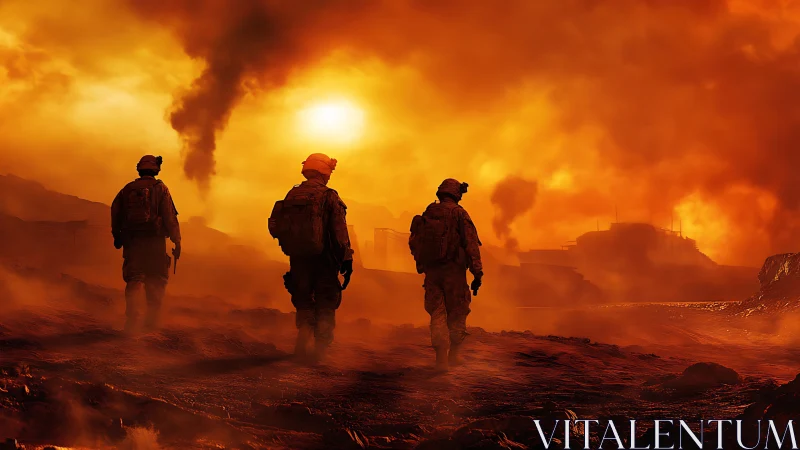 Three Military Personnel Traversing Apocalyptic Dust Storm With Volcanic Atmospheric Conditions