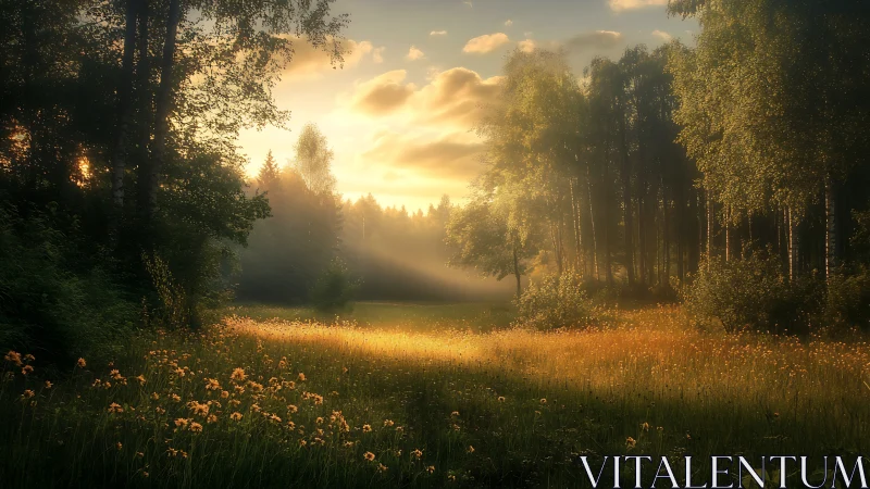 Backlighting phenomenon across forest clearing with volumetric atmospheric particulates rendering