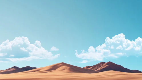 Low sand dunes lie beneath cumuliform clouds in clear sky