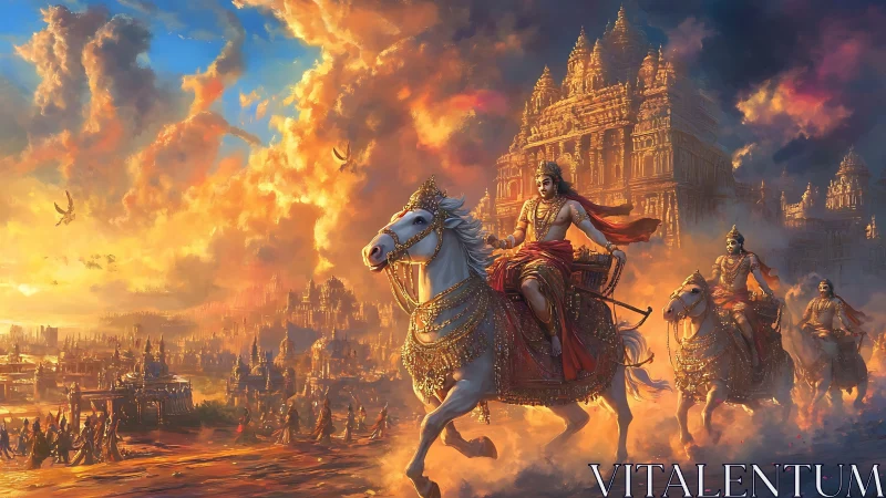 Warriors ride ornate horses before glowing temple city