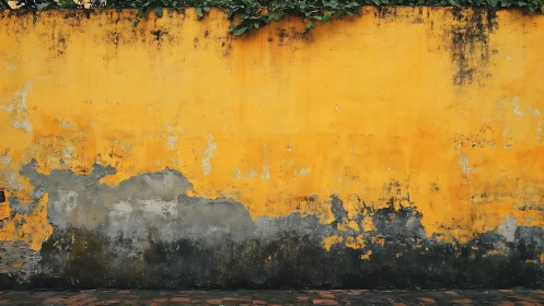 Weathered yellow concrete wall with dark stains and ivy.