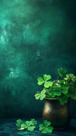 Vintage copper mug holds clover still life against teal ground