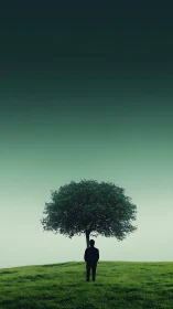 Solitary silhouetted figure beneath lone tree on gradient sky