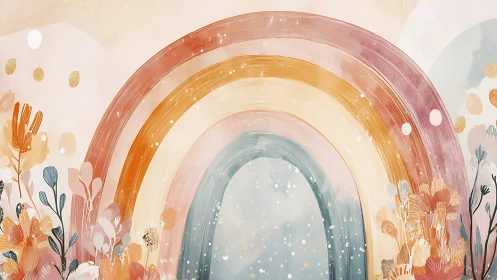 Curved pastel rainbow arches overlay botanical silhouettes