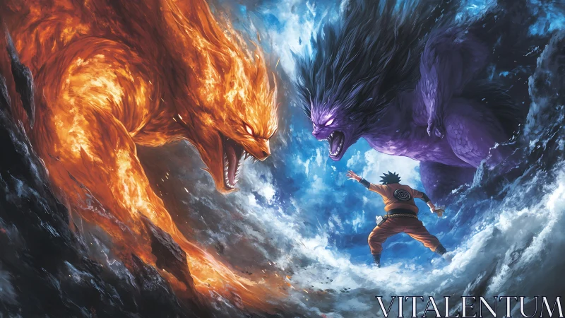 Elemental beasts converging around lone ninja warrior.