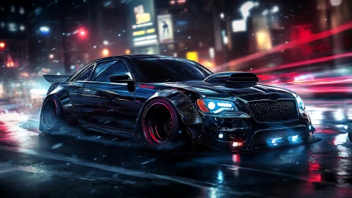 Modified black sports coupe on wet neon city street at night.