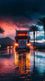 Semi truck glows on wet highway at dramatic sunset storm.
