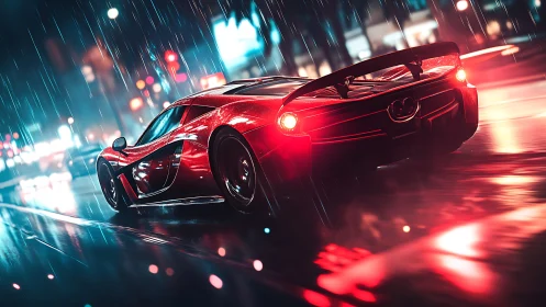 Cyberpunk supercar in neon rain, dynamic rear perspective.