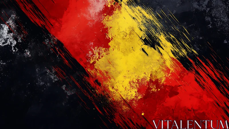 Bold diagonal streaks of red and yellow cut through deep black