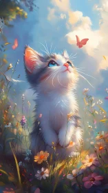 Curious kitten gazes at a drifting butterfly in dreamy light