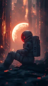 Astronaut in ember-lit ruin under eclipsed stellar horizon.