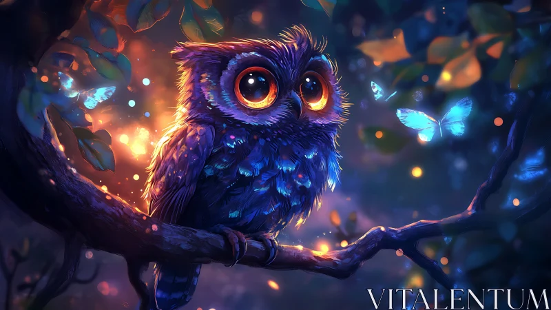 Enchanting Owl Illustration with Glowing Eyes in Magical Forest.