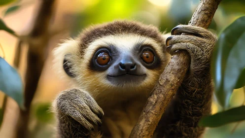 Close-focus portrait of lemur gripping vertical branch securely.