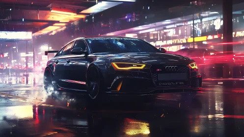 Cyberpunk performance sedan in neon-soaked rain street scene.