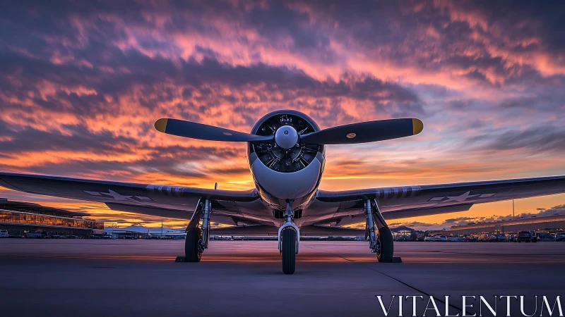 Front view of vintage propeller aircraft on runway at dusk.