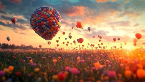 Multicolored balloon cluster over wildflower meadow at sunset