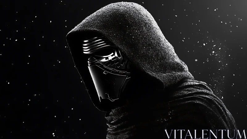 Hooded chrome mask portrait with cinematic rim lighting