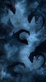 Mystic shadow dragons swirling through moonlit blue mist.
