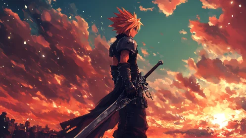 Armored swordsman silhouetted against saturated sunset sky