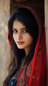 Portrait of young woman in red embroidered dupatta, soft light
